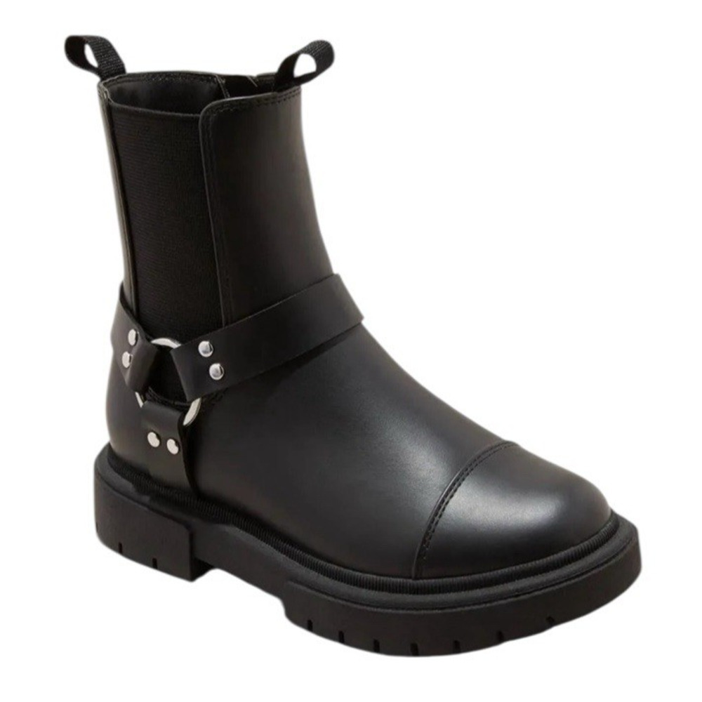 Art Class Kids' Crosby Harness Moto Boots Black Zipper Pull Tab